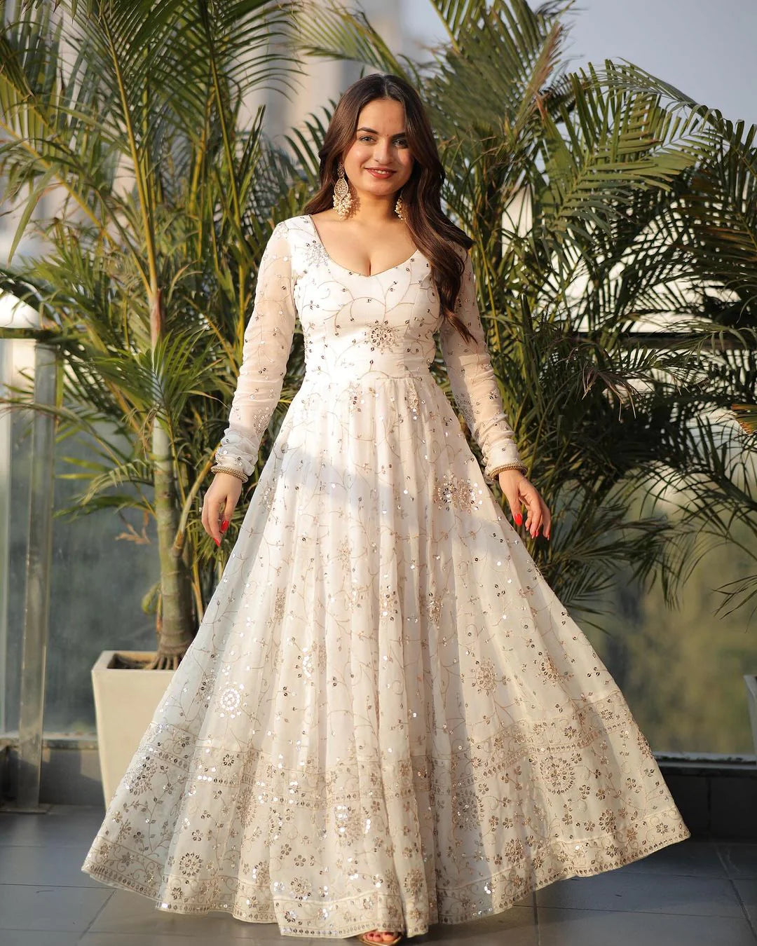 Trendy Full Heavy Work White Georgette Anarkali Gown for Women for Special Occasions