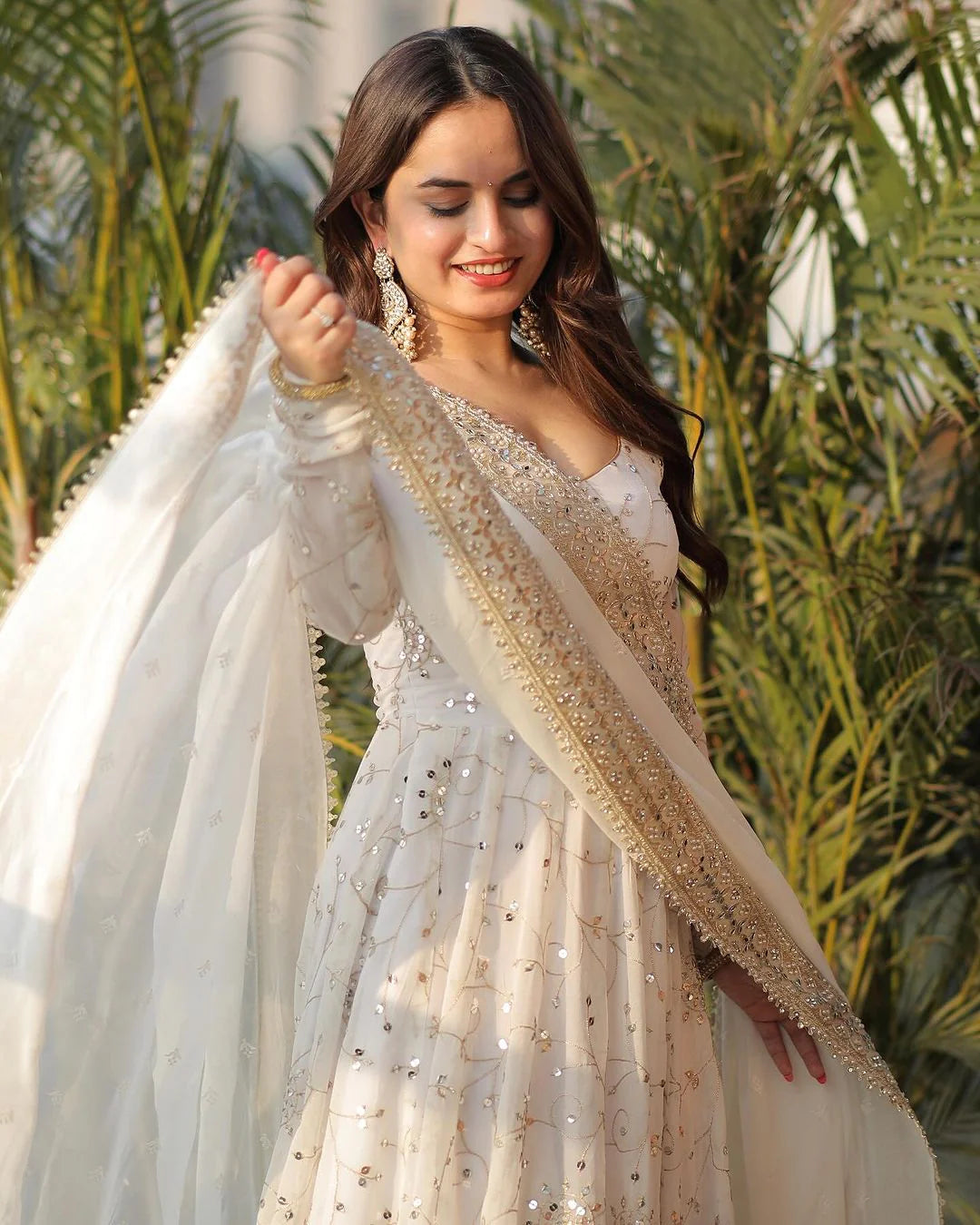 Trendy Full Heavy Work White Georgette Anarkali Gown for Women for Special Occasions