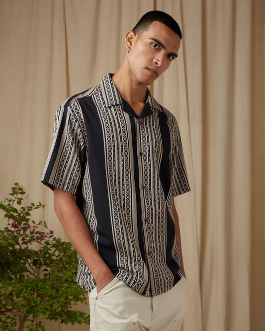 Men’s Charcoal Casual Shirt with Jacquard Stripe Design in Loose Fit