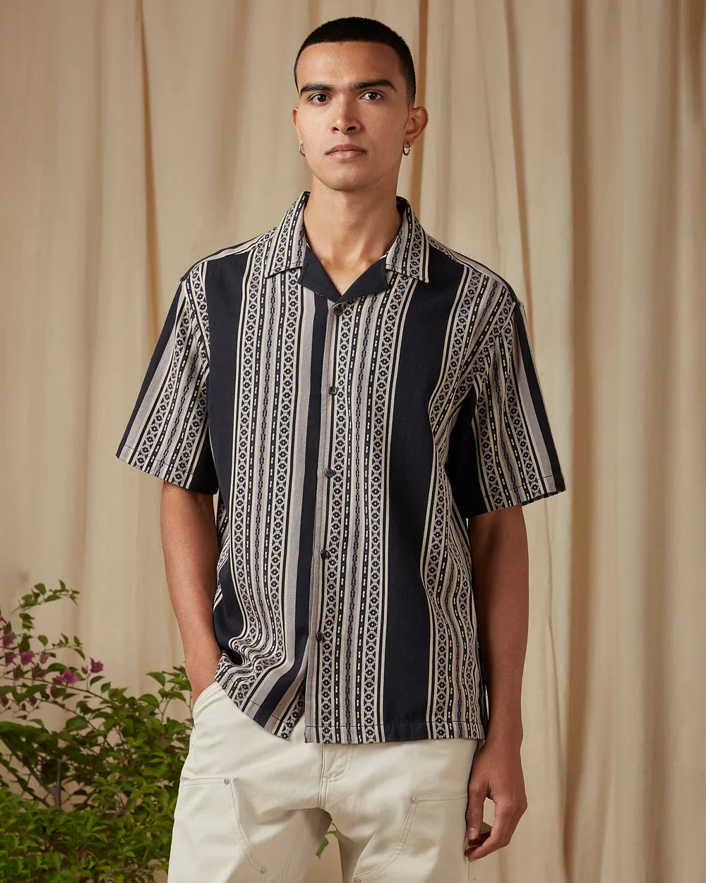 Men’s Charcoal Casual Shirt with Jacquard Stripe Design in Loose Fit