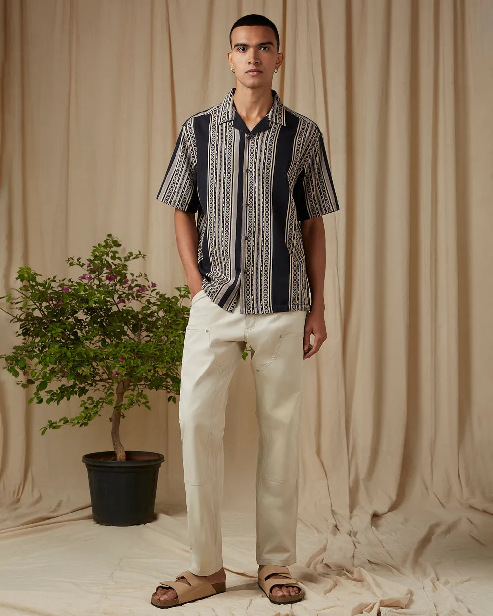 Men’s Charcoal Casual Shirt with Jacquard Stripe Design in Loose Fit