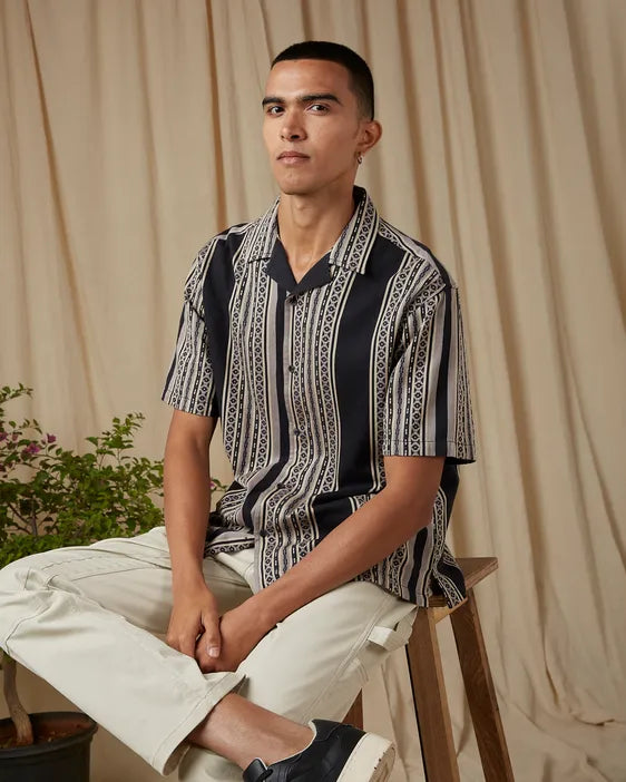 Men’s Charcoal Casual Shirt with Jacquard Stripe Design in Loose Fit