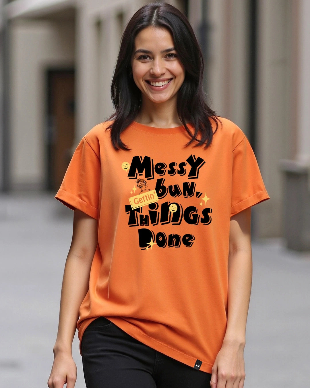 Everyday Wear Women’s Loose Fit Orange T-Shirt with Typography Graphic